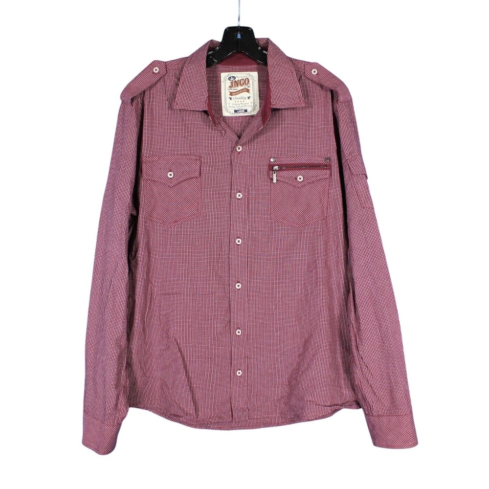 Y2K VTG JNCO Twill MAROON Plaid Print BUTTON-DOWN Zip Detail CASUAL SHIRT sz L